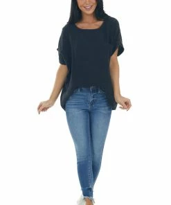 Umgee Tops Charcoal Mineral Washed Top With Chest Pocket
