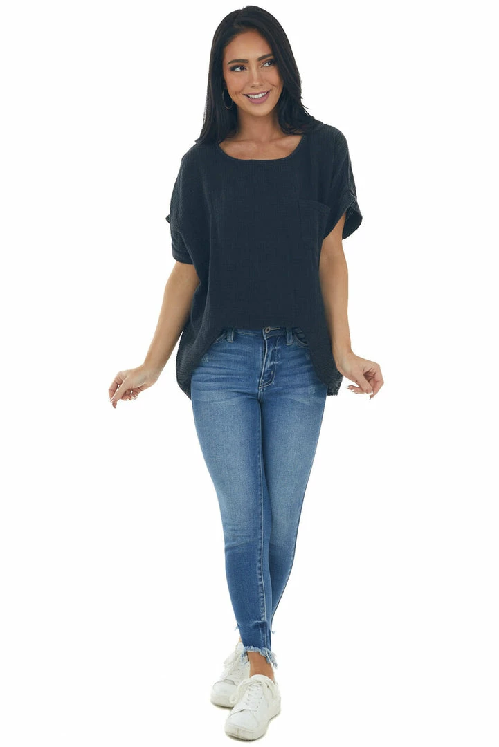 Umgee Tops Charcoal Mineral Washed Top With Chest Pocket 4 Umgee Tops Charcoal Mineral Washed Top With Chest Pocket