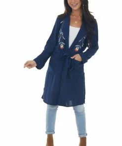 Davi & Dani Navy Floral Embroidered Open Midi Jacket Outerwear 33 Davi & Dani Navy Floral Embroidered Open Midi Jacket Outerwear