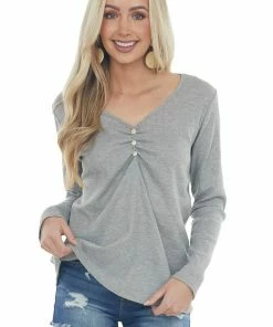 143 Story Steel Waffle Knit Top With Button Detail Tops