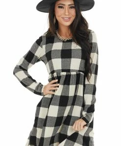 HEIMISH Dresses Black And Ivory Buffalo Plaid BabyDoll Dress With Pockets