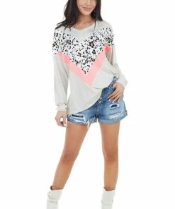 Vanilla Bay Oatmeal Chevron Colorblock Long Sleeve V Neckline Knit Top