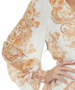 Flying Tomato Dresses Ivory Floral Print Long Sleeve Blouson Dress