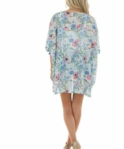 Jodifl Tops Dusty Blue Floral Chiffon Open Front Kimono