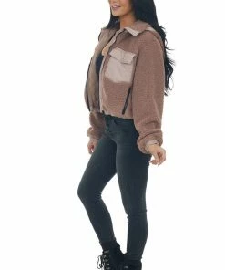 Style Melody Rose Taupe Mock Neck Hooded Cozy Teddy Jacket