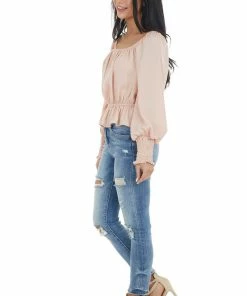 She + Sky Tops Peach Peplum Crop Top With Bubble Sleeves And Smocked Cuffs
