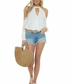 143 Story Off White Halter Surplice Cold Shoulder Top Tops