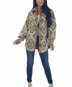 Main Strip Beige Aztec Print Button Up Shirt Jacket Tops
