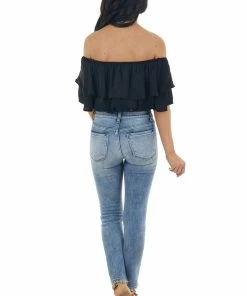 She + Sky Black Off The Shoulder Short Sleeve Overlaying Crop Top Tops