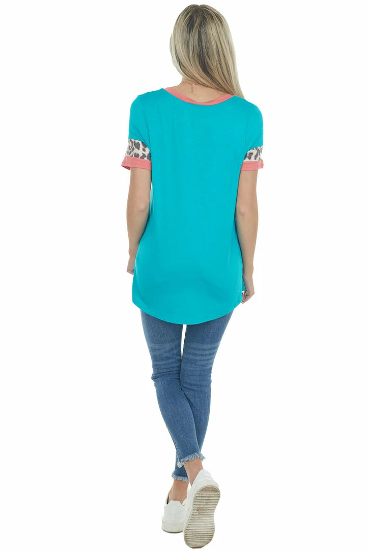 Lovely Melody Bright Teal Ringer V Neck Top With Leopard Print Contrast Tops 16 Lovely Melody Bright Teal Ringer V Neck Top With Leopard Print Contrast Tops
