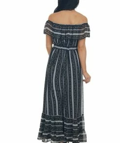 IN LOOM Dresses Black Multi Print Off Shoulder Maxi Dress With Ruffle Detail