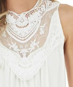 CY Fashion Off White Flowy Sleeveless Top With Sheer Crochet Detail Tops