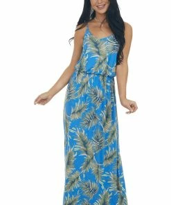 Lush Clothing Cobalt Blue Leaf Print Maxi Dress With Straps Dresses