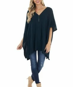 Main Strip Tops Dark Pine Oversized V Neck Poncho With Front Sewing Detail