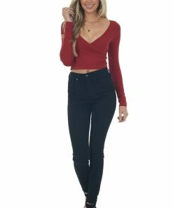 Nikibiki Cranberry Ribbed Long Sleeve Surplice Crop Top Tops