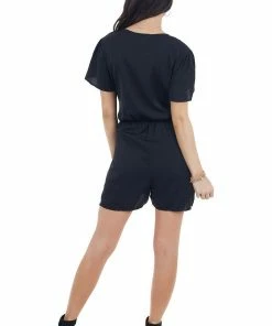 EPretty Black V Neckline Short Sleeve Romper With Front Tie Detail Dresses 32 EPretty Black V Neckline Short Sleeve Romper With Front Tie Detail Dresses
