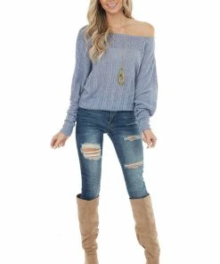 Peach Love Tops Slate Blue Loose Knit Off Shoulder Top With Dolman Sleeves