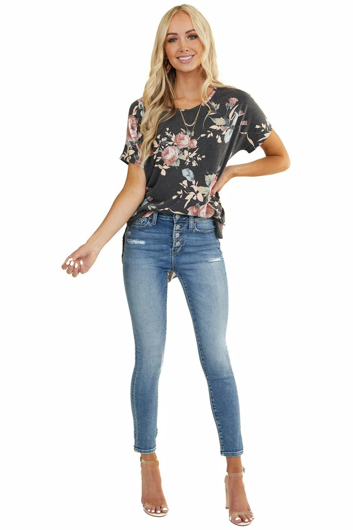 BOMBOM Tops Charcoal Floral Print Short Sleeve Top With Rounded Hemline 14 BOMBOM Tops Charcoal Floral Print Short Sleeve Top With Rounded Hemline
