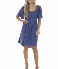 Umgee Dresses Dusty Blue Smocked Flutter Sleeve Linen Dress