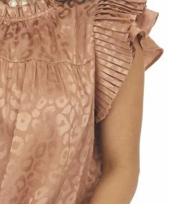 Jodifl Sepia Metallic Leopard Pleated Sleeve Yoke Top Tops