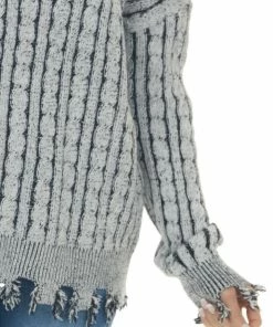 BiBi Black Cable Knit Distressed Trim Sweater