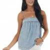 Entro Light Chambray Sleeveless Babydoll Tank Top Tops 1 Entro Light Chambray Sleeveless Babydoll Tank Top Tops
