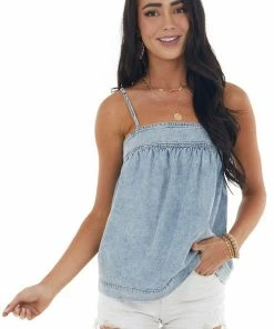 Entro Light Chambray Sleeveless Babydoll Tank Top Tops
