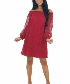 SugarFox Crimson Off The Shoulder Lace Short Dress
