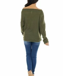 CY Fashion Olive Off Shoulder Waffle Knit Top With Zipper Detail Tops 32 CY Fashion Olive Off Shoulder Waffle Knit Top With Zipper Detail Tops