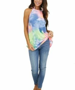 BiBi Tops Multicolor Tie Dye Sleeveless Top With Halter Neckline
