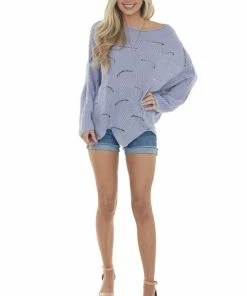 Easel Dusty Blue Scalloped Pointelle Light Sweater 31 Easel Dusty Blue Scalloped Pointelle Light Sweater