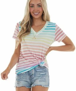 HEIMISH Rainbow Ombre Striped Short Sleeve Knit Tee Tops