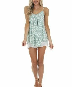 Lovely Melody Dark Mint Leopard Print Baby Doll Ribbed Knit Tank Top