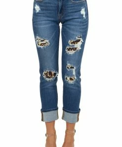 KanCan Mid Wash Denim Blue Distressed Animal Print Straight Jeans Bottoms