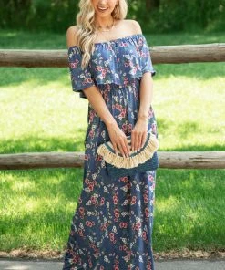 Celeste Design Navy Floral Print Ruffle Overlay Maxi Dress Dresses