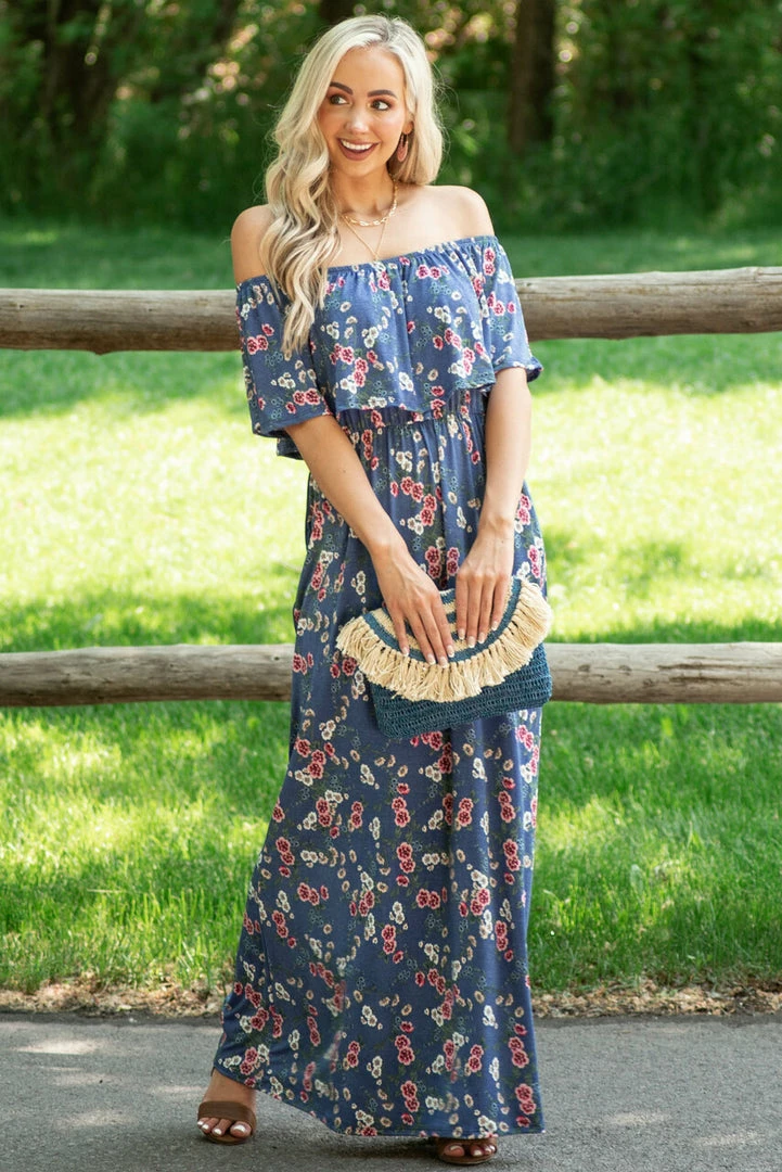 Celeste Design Navy Floral Print Ruffle Overlay Maxi Dress Dresses 3 Celeste Design Navy Floral Print Ruffle Overlay Maxi Dress Dresses