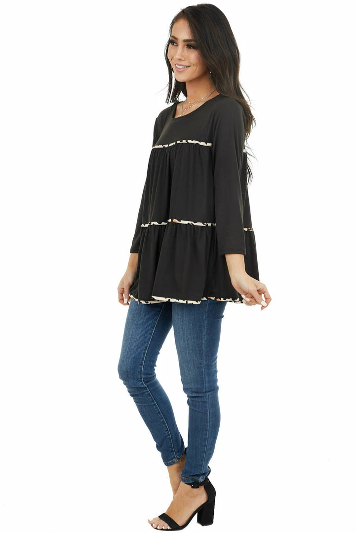 Entro Black Tiered Long Sleeve Top With Leopard Print Details Tops 13 Entro Black Tiered Long Sleeve Top With Leopard Print Details Tops