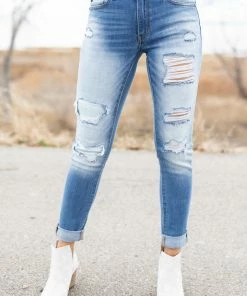 KanCan Medium Wash Mid Rise Heavily Distressed Jeans Bottoms