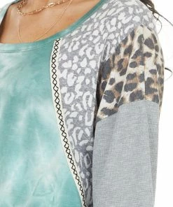BiBi Tops Teal Tie Dye Top With Leopard And Cheetah Print Contrast