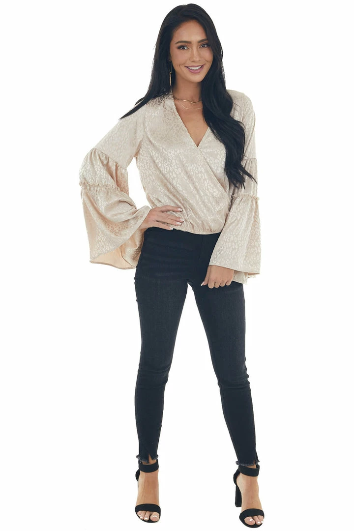 Peach Love Rich Champagne Leopard Surplice Satin Blouse Tops 16 Peach Love Rich Champagne Leopard Surplice Satin Blouse Tops