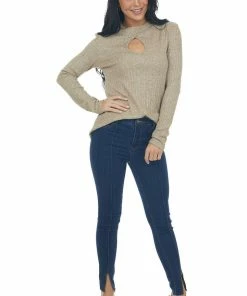 BiBi Tops Heathered Latte Mock Neck Long Sleeve Knit Top