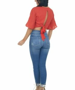 Davi & Dani Lipstick Red Flare Sleeve Open Back Woven Crop Top