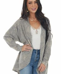 Now N Forever Stone And Peach Abstract Print Knit Cardigan Tops