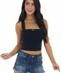 LE LIS Tops Black Ribbed Knit Criss Cross Back Crop Top