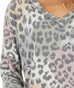 12PM Multicolor Tie Dye And Leopard Print Long Sleeve Knit Top
