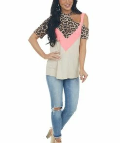 143 Story Beige And Neon Pink Leopard Print Top Tops