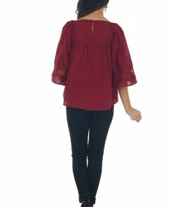 Umgee Maroon Flare Sleeve Lace Trim Blouse