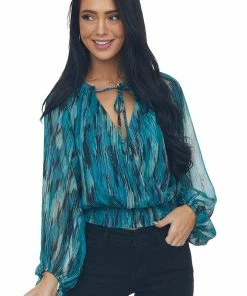 Peach Love Tops Sea Blue Abstract Print Metallic Thread Blouse