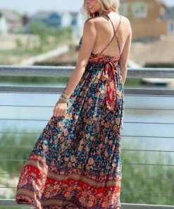 Dress Day Navy And Red Floral Print Backless Maxi Dress Dresses