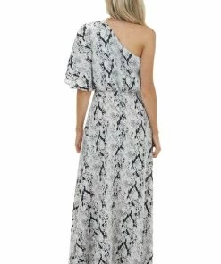 Main Strip Dove Grey Snakeskin Print Woven Maxi Dress With One Shoulder Dresses